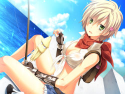 1girl, :3, akira (139931), backpack, bag, bags under eyes, bandanna, bangs, belt, blacksmith (ragnarok online), blonde hair, blue shorts, blue sky, breasts, brown belt, brown gloves, cleavage, cloud, commentary request, crop top, day, dutch angle, exhausted, eyebrows visible through hair, eyes visible through hair, feet out of frame, fingerless gloves, fishing, fishing rod, fur-trimmed shorts, fur trim, gauntlets, gloves, green eyes, hair between eyes, hair ornament, heart, heart hair ornament, holding, holding fishing rod, looking at viewer, medium breasts, ocean, open mouth, outdoors, poring, ragnarok online, red neckwear, shirt, short hair, short shorts, shorts, sitting, sky, sleeveless, sleeveless shirt, solo, squid, tied shirt, water, wet, wet clothes, wet shirt, white shirt