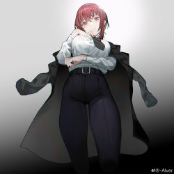 Rule 34 | 1girl, absurdres, alver, arm under breasts, belt, belt buckle, black belt, black jacket, black necktie, black pants, breasts, buckle, chainsaw man, closed mouth, collared shirt, commentary request, dress shirt, from below, gradient background, hair between eyes, hand up, highres, jacket, jacket on shoulders, large breasts, long sleeves, looking at viewer, looking down, makima (chainsaw man), necktie, open clothes, open jacket, pants, red eyes, red hair, ringed eyes, shirt, solo, standing, weibo watermark, white shirt