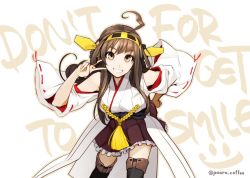 Rule 34 | 10s, 1girl, ahoge, boots, brown eyes, brown hair, commentary request, english text, facing viewer, fingernails, frilled skirt, frills, grin, hairband, hand on own hip, headgear, japanese clothes, kantai collection, kimono, kongou (kancolle), lace-trimmed sleeves, lace trim, leaning forward, long hair, looking at viewer, md5 mismatch, miniskirt, nontraditional miko, poaro, resized, ribbon-trimmed sleeves, ribbon trim, skirt, smile, smiley face, solo, tassel, twitter username, v