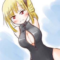 Rule 34 | 1girl, arms behind back, blonde hair, blush, breasts, cleavage cutout, clothing cutout, competition swimsuit, dutch angle, embarrassed, female focus, front zipper swimsuit, hand (ryzing), highres, kouju (ukagaka), large breasts, meme attire, one-piece swimsuit, red eyes, side ponytail, solo, swimsuit, ukagaka, wavy mouth