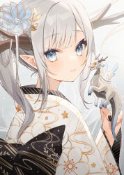 Rule 34 | 1girl, absurdres, animal, antlers, black bow, black nails, blue eyes, bow, chinese zodiac, commentary request, dragon, floral print, from behind, grey background, grey hair, highres, horns, japanese clothes, kimono, long hair, long sleeves, looking at viewer, looking back, minasenagi, minimized, nail polish, original, print kimono, simple background, solo, upper body, white kimono, wide sleeves, year of the dragon