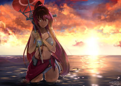 Rule 34 | 10s, 1girl, bikini, breasts, brown eyes, cleavage, cloud, dated, highres, in water, kantai collection, long hair, navel, ocean, outdoors, ponytail, purple hair, smile, solo, sunset, swimsuit, ugeppa, umbrella, very long hair, wading, white bikini, yamato (kancolle)