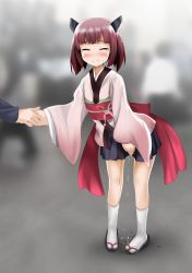 Rule 34 | 1girl, between legs, black footwear, blue skirt, blush, crying, disembodied limb, closed eyes, female focus, full body, gokiburi no dashi, grey background, hand between legs, hand up, have to pee, headgear, holding hands, japanese clothes, kimono, legs apart, long sleeves, maroon hair, obi, peeing, peeing self, pigeon-toed, pleated skirt, sandals, sash, short hair, simple background, skirt, socks, solo, standing, tears, touhoku kiritan, voiceroid, wet, wet clothes, wet skirt, white socks