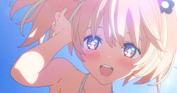 Rule 34 | + +, 1girl, 3d, bare shoulders, blender (medium), blonde hair, blue sky, blush, bright pupils, cel shading, clear sky, collarbone, commentary, day, english commentary, flower, hair between eyes, hair flower, hair ornament, hand in own hair, hand up, highres, looking at viewer, medium hair, multicolored eyes, multicolored hair, open mouth, orange hair, outdoors, pink eyes, portrait, purple eyes, rinne (rinrinne), rinrinne, rinrinne39 (artist), short twintails, single bare arm, sky, smile, solo, streaked hair, teeth, twintails, upper teeth only, virtual youtuber, white pupils