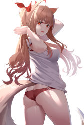 Rule 34 | 1girl, :d, animal ear fluff, animal ears, arms up, ass, breasts, brown hair, bursting ass, buruma, butt crack, commentary request, commission, cowboy shot, from behind, gym shirt, highres, kaneko (bblogtinhan), long hair, looking at viewer, looking back, medium breasts, open mouth, original, pixiv commission, red buruma, red eyes, shirt, short sleeves, sidelocks, simple background, skindentation, smile, solo, tail, thighs, twintails, white background, white shirt