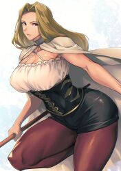 Rule 34 | 1girl, black corset, black shorts, blonde hair, blue eyes, breasts, brown pantyhose, cloak, closed mouth, corset, criss-cross halter, criss-cross strings, halterneck, highres, holding, holding staff, large breasts, long hair, looking at viewer, methode (sousou no frieren), mikel (4hands), pantyhose, parted bangs, shirt, shorts, sleeveless, sleeveless shirt, solo, sousou no frieren, staff, standing, standing on one leg, thick thighs, thighs, white cloak