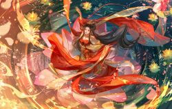 Rule 34 | 1girl, absurdres, arm up, artist request, bare shoulders, black hair, cai lin (doupo cangqiong), chinese new year, closed mouth, doupo cangqiong, dress, floating hair, flower, from above, hair ornament, highres, long hair, long sleeves, lotus, red dress, red eyes, reflection, ripples, second-party source, solo