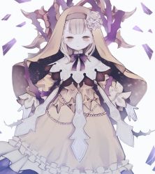 Rule 34 | 1girl, bad id, bad pixiv id, beads, blonde hair, blunt bangs, blush, briar rose (sinoalice), dim00, dress, flower, frilled dress, frills, highres, looking at viewer, open mouth, outstretched arms, parted lips, plant, ribbon, rose, short hair, simple background, sinoalice, thorns, veil, vines, white background, yellow eyes