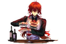 Rule 34 | 1boy, alcohol, bartender, bottle, closed mouth, cup, diluc (genshin impact), drinking glass, fingernails, genshin impact, hair between eyes, highres, holding, holding cup, long hair, male focus, nail polish, populamalus, pouring, red hair, red nails, simple background, solo, white background, wine glass, yellow eyes