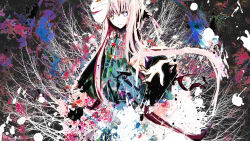 Rule 34 | 1girl, abstract background, album cover, cover, expressionless, hata no kokoro, highres, long hair, looking at viewer, mask, mask on head, multicolored shirt, noh mask, pink eyes, pink hair, reaching, reaching towards viewer, ruuya higashino, solo, takamachi walk, touhou, very long hair, wide sleeves