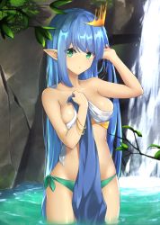 Rule 34 | 1girl, arm up, bathing, bikini, blue hair, blush, bracelet, breasts, closed mouth, commentary request, crown, day, elf, green bikini, green eyes, hand up, jewelry, leaf, long hair, looking at viewer, original, outdoors, pinta (ayashii bochi), pointy ears, revision, side-tie bikini bottom, small breasts, solo, swimsuit, very long hair, wading, water, waterfall, wet, wet clothes