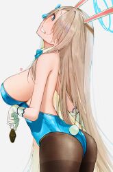 Rule 34 | 1girl, absurdres, animal ears, ass, asuna (blue archive), asuna (bunny) (blue archive), blue archive, blue eyes, blue leotard, blush, breasts, commentary, detached collar, elbow gloves, fake animal ears, fake tail, gloves, grey background, grin, hair ribbon, halo, highres, holding, kuren kren, large breasts, leotard, light brown hair, long hair, looking at viewer, official alternate costume, pantyhose, playboy bunny, rabbit ears, rabbit tail, ribbon, sideboob, simple background, smile, solo, strapless, strapless leotard, symbol-only commentary, tail, very long hair, white gloves