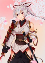 Rule 34 | 1girl, absurdres, armor, bare shoulders, black pants, blush, breasts, detached sleeves, fate/grand order, fate (series), fingerless gloves, floral background, gloves, hair ribbon, head tilt, highres, holding, holding weapon, japanese armor, japanese clothes, katana, kimono, kote, long hair, looking at viewer, medium breasts, obi, obiage, obijime, pants, ponytail, red eyes, red gloves, ribbon, sash, saya (scabbard), short kimono, shoulder armor, side slit, silver hair, smile, sode, solo, standing, sword, takenoko 27074918, tomoe gozen (fate), tsuba (guard), weapon