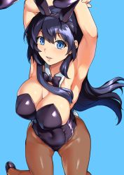 Rule 34 | 1girl, animal ears, arms up, black bow, black bowtie, black hair, black leotard, blue background, blue eyes, bow, bowtie, breasts, brown pantyhose, cleavage, commentary request, cowboy shot, detached collar, haruhisky, highres, large breasts, leotard, long hair, open mouth, original, pantyhose, playboy bunny, rabbit ears, rabbit tail, simple background, solo, strapless, strapless leotard, tail, wrist cuffs
