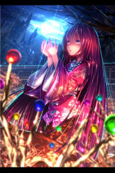 Rule 34 | 1girl, blurry, bow, branch, brown eyes, depth of field, energy ball, floral print, full moon, houraisan kaguya, japanese clothes, jeweled branch of hourai, letterboxed, long hair, long sleeves, moon, night, open mouth, purple hair, ryosios, shirt, skirt, sky, solo, standing, touhou, tree, very long hair, wide sleeves