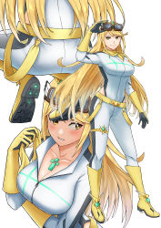 Rule 34 | 1girl, absurdres, ass, belt, blonde hair, blush, bodysuit, boots, breasts, chest jewel, cleavage, commission, eyewear lift, full body, highres, large breasts, leotard, long hair, multiple views, mythra (xenoblade), neckerchief, pants, pantylines, partially unzipped, racing suit, simple background, squatting, standing, swept bangs, very long hair, white background, white bodysuit, white leotard, white pants, xenoblade chronicles (series), xenoblade chronicles 2, yellow belt, yellow eyes, yellow footwear, yellow neckerchief, you nf
