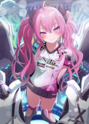Rule 34 | 1girl, absurdres, ahoge, arms behind back, belt, blush, grace (sound voltex), hair ornament, highres, hip vent, lida vv, long hair, looking at viewer, pink hair, purple eyes, shirt, smile, sound voltex, standing, t-shirt, tagme, thighs, twintails