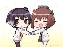 Rule 34 | 10s, 2girls, :d, binoculars, black hair, black legwear, blush, brown hair, chibi, closed eyes, closed mouth, cowboy shot, dress, eyebrows, from side, gradient background, headgear, holding hands, ica, kantai collection, long sleeves, looking at viewer, multicolored background, multicolored hair, multiple girls, neckerchief, open mouth, pantyhose, sailor dress, short hair, short hair with long locks, smile, sparkle, standing, thighhighs, tokitsukaze (kancolle), twitter username, two-tone background, two-tone hair, yukikaze (kancolle)