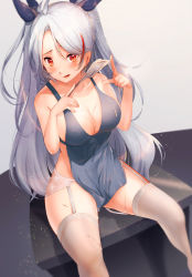 Rule 34 | 1girl, antenna hair, apron, azur lane, bare shoulders, black ribbon, blue apron, blush, breasts, cleavage, collarbone, commentary request, covered erect nipples, garter belt, hair ribbon, holding, holding spatula, kelly 0w0, large breasts, lips, long hair, multicolored hair, naked apron, prinz eugen (azur lane), red hair, ribbon, sideboob, silver hair, sitting, solo, sparkle, spatula, streaked hair, swept bangs, thighhighs, tongue, tongue out, two side up, very long hair, white thighhighs