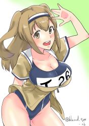 Rule 34 | 1girl, arm up, blood type ab, breasts, brown eyes, cleavage, clothes writing, gradient background, green background, hairband, highres, i-26 (kancolle), kantai collection, large breasts, light brown hair, name tag, new school swimsuit, one-piece swimsuit, open mouth, sailor collar, school swimsuit, short sleeves, solo, swimsuit, swimsuit under clothes, twitter username, two-tone hairband, two side up