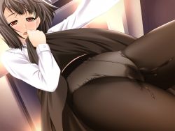 Rule 34 | 1girl, blouse, blush, bob cut, bow, bow panties, brown eyes, brown hair, clothes lift, crotch seam, dutch angle, embarrassed, from below, game cg, gentle sasaki, grey hair, kansen 2, lifting own clothes, open mouth, panties, panties under pantyhose, pantyhose, pantyshot, pussy juice, red eyes, shirt, short hair, skirt, skirt lift, solo, standing, thighs, underwear, upskirt, wet, wet clothes, wet panties, wet pantyhose, white panties