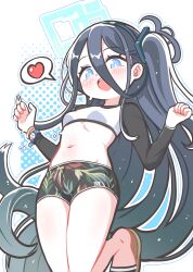 Rule 34 | 1girl, absurdly long hair, absurdres, aris (blue archive), black hair, blue archive, blue eyes, blue halo, blush, breasts, halo, highres, long hair, long sleeves, navel, open mouth, sandals, shoeguy, small breasts, smile, solo, very long hair