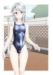 Rule 34 | 1girl, absurdres, alternate costume, asymmetrical bangs, bench, blue one-piece swimsuit, blue sky, breasts, cameltoe, competition swimsuit, covered navel, cowboy shot, day, grey hair, highleg, highleg swimsuit, highres, kantai collection, long hair, one-piece swimsuit, outdoors, park bench, purple eyes, sagiri (kancolle), sky, small breasts, solo, standing, swept bangs, swimsuit, takafumi