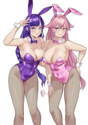 Rule 34 | 2girls, animal ears, arm up, bare shoulders, bow, bowtie, breasts, cleavage, commentary, commission, covered navel, damobelmont, detached collar, fake animal ears, feet out of frame, fishnet pantyhose, fishnets, genshin impact, grin, highres, large breasts, leotard, long hair, looking at viewer, mole, mole under eye, multiple girls, pantyhose, parted lips, pink bow, pink bowtie, pink hair, pink leotard, pink lips, playboy bunny, purple bow, purple bowtie, purple eyes, purple hair, purple leotard, rabbit ears, raiden shogun, second-party source, sidelocks, simple background, smile, standing, strapless, strapless leotard, thighs, very long hair, white background, yae miko