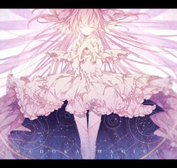 Rule 34 | 10s, 1girl, closed eyes, copyright name, dress, hair ribbon, kaname madoka, letterboxed, mahou shoujo madoka magica, mahou shoujo madoka magica (anime), phoenix0, pink hair, ribbon, smile, solo, thighhighs, two side up, ultimate madoka, white dress