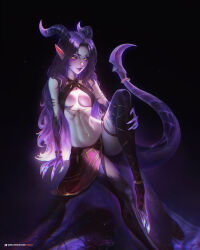 Rule 34 | 1girl, absurdres, breasts, claws, cleavage, fanfoxy, highres, horns, lipstick, long hair, looking at viewer, makeup, medium breasts, original, pointy ears, purple hair, purple lips, sitting, solo, tail, thighhighs, toned, yellow eyes