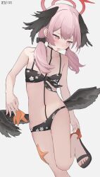 Rule 34 | 1girl, absurdres, bikini, black bikini, black wings, blue archive, blush, bow, breasts, commentary, feathered wings, feet, floral print, front-tie bikini top, front-tie top, grey background, hair bow, halo, head wings, highres, koharu (blue archive), koharu (swimsuit) (blue archive), low twintails, low wings, medium hair, navel, official alternate costume, open mouth, pink eyes, pink hair, sandals, simple background, small breasts, solo, standing, standing on one leg, star anise, starfish, stomach, swimsuit, toes, twintails, wings