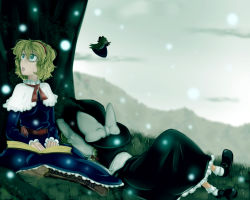 Rule 34 | 2girls, against tree, alice margatroid, bad id, bad pixiv id, blonde hair, blue dress, book, bow, capelet, dress, female focus, hat, hat bow, jimaken, kirisame marisa, crossed legs, looking up, multiple girls, outdoors, plant, puffy short sleeves, puffy sleeves, shanghai doll, short hair, short sleeves, sitting, sleeping, touhou, tree, witch hat