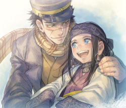 Rule 34 | 10s, 1boy, 1girl, ainu, ainu clothes, asirpa, bandana, black hair, blue eyes, brown eyes, coat, earrings, golden kamuy, hand on another&#039;s shoulder, hat, hoop earrings, jewelry, long hair, looking at another, manly, military, military hat, military uniform, open mouth, scar, scar on face, scarf, short hair, smile, sugimoto saichi, uniform, upper body, wide sleeves, yamori (stom)