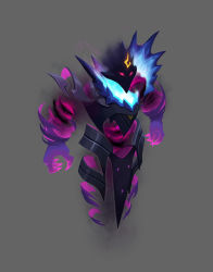 Rule 34 | 1boy, alternate costume, armor, character name, claws, glowing, grey background, league of legends, magic, male focus, pink eyes, simple background, solo, thorsten erdt, xerath