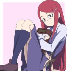 Rule 34 | 1girl, book, closed mouth, dated, hair ornament, hairclip, haruyama kazunori, little witch academia, long hair, looking at viewer, luna nova school uniform, red hair, sarah bernhardt, school uniform, skirt, smile, solo