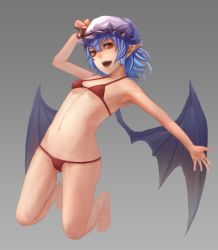 Rule 34 | 1girl, arm up, armpits, bare shoulders, barefoot, bat wings, bikini, blue hair, breasts, full body, gradient background, grey background, hat, hat ribbon, looking at viewer, minami koyogi, mob cap, navel, open mouth, outstretched arm, panties, pointy ears, red eyes, remilia scarlet, ribbon, short hair, simple background, slit pupils, small breasts, smile, solo, swimsuit, touhou, underwear, wings