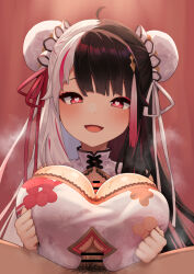 Rule 34 | 1girl, :d, ahoge, bar censor, blush, breasts, breasts squeezed together, breath, bun cover, censored, china dress, chinese clothes, clenched hands, commentary request, double bun, dress, emoto shikeko, floral print, hair bun, hair ornament, heart, heart-shaped pupils, large breasts, long hair, looking at viewer, male pubic hair, multicolored hair, nijisanji, open mouth, paizuri, penis, pov, pov crotch, print dress, pubic hair, red eyes, smile, split-color hair, streaked hair, sweat, symbol-shaped pupils, tassel, tassel hair ornament, virtual youtuber, white dress, yorumi rena, yorumi rena (10th costume)
