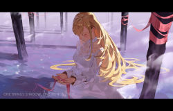 Rule 34 | 1girl, blonde hair, closed eyes, dress, final fantasy, final fantasy xiv, holding, letterboxed, long hair, long sleeves, looking up, minfilia warde, outdoors, ryne waters, sidelocks, sitting, solo, solo focus, very long hair, white dress, yusheng