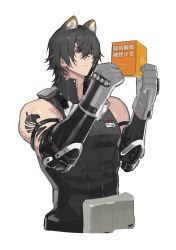 Rule 34 | 1boy, animal ears, arknights, bishounen, black hair, black shirt, book, broca (arknights), gloves, kanji, male focus, shirt, short hair, simple background, solo, squinting, tattoo, toned, toned male, translation request, upper body, white background, yellow eyes, yszx