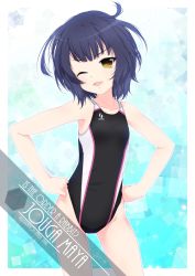 Rule 34 | 1girl, ahoge, artist name, black one-piece swimsuit, blue hair, brown eyes, character name, collarbone, commentary request, competition swimsuit, copyright name, cowboy shot, gochuumon wa usagi desu ka?, hands on own hips, highres, inaba shiki, jouga maya, looking at viewer, one-piece swimsuit, one eye closed, open mouth, shirt, short hair, simple background, smile, solo, standing, swimsuit, wink, yellow eyes