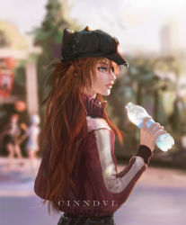 Rule 34 | 1girl, absurdres, artist name, blue eyes, blurry, blurry background, bottle, cinndvl, commentary, english commentary, evangelion: 3.0 you can (not) redo, from side, hat, highres, holding, holding bottle, long hair, long sleeves, looking afar, neon genesis evangelion, orange hair, parted lips, rebuild of evangelion, solo, souryuu asuka langley, sweater, upper body, water bottle