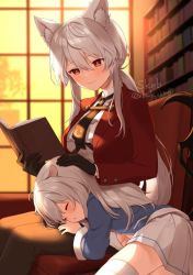 Rule 34 | 2girls, animal ear fluff, animal ears, black gloves, black neckwear, black pants, blue jacket, blurry, blurry background, blush, book, bookshelf, brown eyes, closed eyes, closed mouth, commentary, crescent, depth of field, gloves, grey hair, hair between eyes, hand on another&#039;s head, holding, holding book, indoors, jacket, lap pillow, long hair, long sleeves, lying, multiple girls, on chair, on side, open book, original, pants, parted lips, pleated skirt, red jacket, shirt, sitting, skirt, smile, sunset, very long hair, white shirt, white skirt, window, yamabukiiro