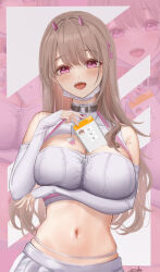 Rule 34 | 1girl, :d, absurdres, bare shoulders, black collar, blush, breasts, cleavage, collar, crop top, earrings, elbow gloves, fingerless gloves, gloves, goddess of victory: nikke, gofun juku no ni tsutsumi, hair intakes, highres, horns, jewelry, large breasts, light brown hair, long hair, looking at viewer, mask, mask pull, mouth mask, navel, open mouth, pink eyes, pink horns, pleated skirt, sidelocks, skirt, smile, solo, viper (nikke), white gloves, white nails, zipper, zoom layer