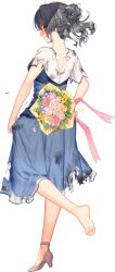 Rule 34 | 1girl, akasaka yuzu, black hair, blue dress, blush, bouquet, brown footwear, closed mouth, dress, flower, full body, high heels, holding, holding bouquet, jingei (kancolle), kantai collection, looking back, medium hair, official art, pink flower, red eyes, red flower, short sleeves, solo, torn clothes, torn dress, transparent background, white flower, yellow flower