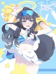 Rule 34 | 1girl, :d, absurdres, animal ears, armpits, arms up, bare shoulders, black hair, blue archive, blue background, blue eyes, blush, bow, breasts, cheerleader, cowboy shot, crop top, dog ears, dog girl, dog tail, eyewear on head, goggles, hair bow, hair ornament, halo, hibiki (blue archive), hibiki (cheer squad) (blue archive), highres, holding, holding pom poms, long hair, looking at viewer, midriff, millennium cheerleader outfit (blue archive), miniskirt, navel, official alternate costume, open mouth, pleated skirt, pom pom (cheerleading), pom poms, remi arts, ribbon, skirt, small breasts, smile, solo, standing, star (symbol), star sticker, sticker on face, stomach, tail, thigh gap, thighhighs, white skirt, yellow halo