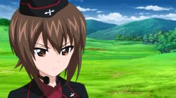 Rule 34 | 10s, 1girl, animated, animated gif, brown eyes, brown hair, caterpillar tracks, cloud, day, frown, garrison cap, girls und panzer, grass, hat, hill, jagdpanzer 38(t), lowres, military, military vehicle, motor vehicle, nishizumi maho, portrait, short hair, sky, tank, tank destroyer, tree, tsurime, uniform, vehicle