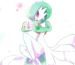 Rule 34 | 1girl, bob cut, colored skin, creatures (company), energy ball, female focus, flat chest, full body, game freak, gardevoir, gen 3 pokemon, green hair, green skin, hair over one eye, hands up, hao (pixiv 10705622), looking to the side, lowres, multicolored skin, nintendo, one eye closed, open mouth, pokemon, pokemon (creature), psychic, red eyes, short hair, simple background, solo, two-tone skin, white background, white skin