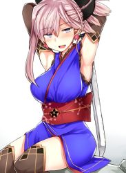 Rule 34 | 1girl, armpits, arms up, blue eyes, blush, breasts, commentary request, elbow gloves, fate/grand order, fate (series), folded ponytail, gloves, japanese clothes, jirou (tamaho39), katana, large breasts, looking at viewer, miyamoto musashi (fate), miyamoto musashi (first ascension) (fate), obi, open mouth, sash, shirt, simple background, sitting, sleeveless, sleeveless shirt, solo, sword, thighhighs, weapon, white background