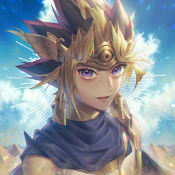 Rule 34 | 1boy, atem, commentary, earrings, egyptian clothes, headdress, jewelry, looking at viewer, male focus, multicolored hair, open mouth, purple eyes, smile, solo, wenz, yu-gi-oh!