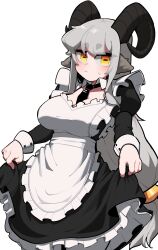 Rule 34 | 1girl, absurdres, apron, breasts, closed mouth, clothes lift, dress, dress lift, goat girl, goat horns, grey hair, highres, horizontal pupils, horns, large breasts, lifting own clothes, long hair, long sleeves, looking at viewer, maid, maid apron, min lona, necktie, original, pointy ears, solo, yellow eyes